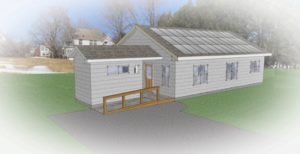 small house with solar panels and ramp
